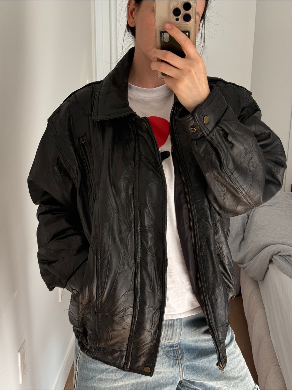 Men's Black Leather Bomber Jacket - Classic Zip Front